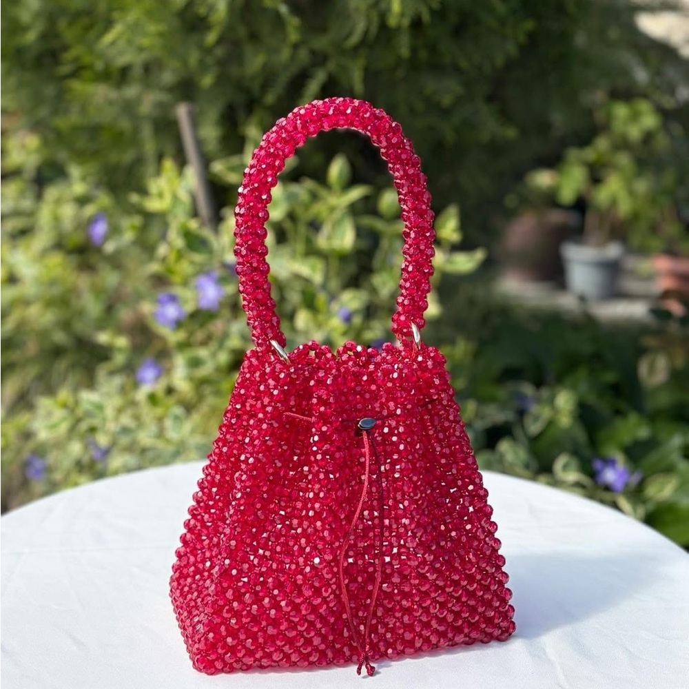 Handcrafted Red Beaded Drawstring Tote Bag